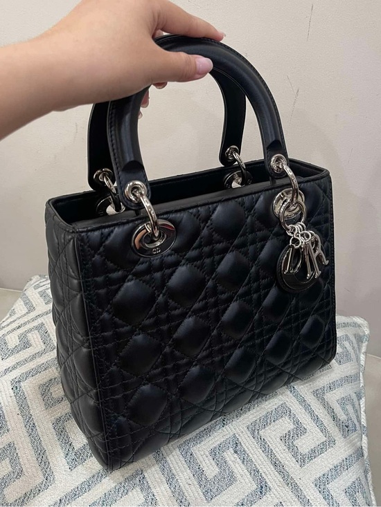 Dior Handbags - Dior Lady Dior Black Leather Tote Handbag Silver Hardware Size Medium